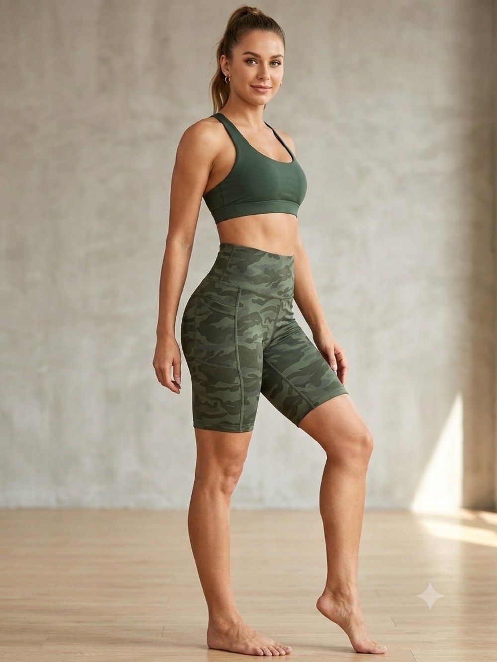 High-Rise Athleisure Olive Green Camo Bike Shorts. Size SP    AW 6